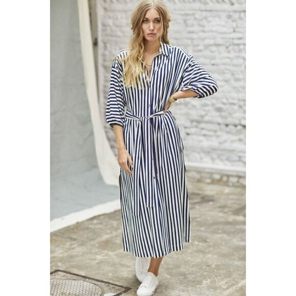 Indies Dresses & Skirts - Indies Loyal Navy White Stripe Tie Waist Technical Jersey Dress Size 38